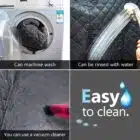 Image showcasing cleaning instructions for a product, highlighting that it can be machine washed, rinsed with water, and vacuumed. Ideal for automotive repair and Reflex Tuning services in New Hampshire, emphasizing easy maintenance and cleanliness.