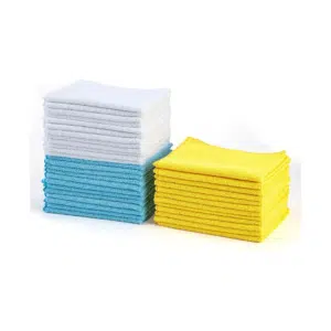Amazon Basics Microfiber Cleaning Cloths, Non-Abrasive, Reusable and Washable, Pack of 36, Blue/White/Yellow, 16″ x 12″