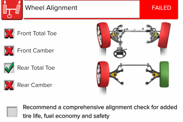 Audi VW Service A wheel alignment check shows FAILED status with front total toe and front camber marked with red Xs, rear total toe checked as correct, and rear camber marked with a red X. Recommendation box is unchecked. Reflex Tuning, Hookett NH