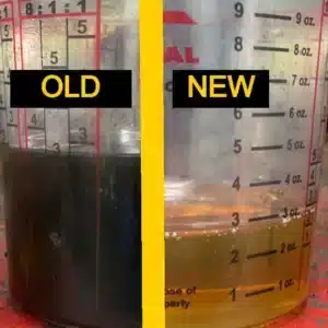 Audi VW Service Split image of two measuring cups: the left side labeled OLD contains dark, opaque liquid; the right side labeled NEW contains clear, amber liquid. Both cups are marked with ounce measurements. Reflex Tuning, Hookett NH