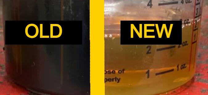 Audi VW Service A side-by-side comparison shows old oil on the left, dark and opaque, labeled OLD, and new oil on the right, light and transparent, labeled NEW. Both are in clear measuring containers. Reflex Tuning, Hookett NH