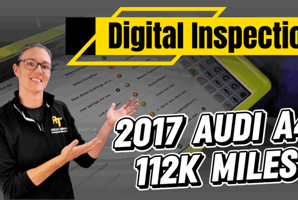 Audi VW Service A woman in a black jacket gestures toward a tablet screen showing a digital inspection report. Text reads: Digital Inspection, 2017 Audi A4, 112K Miles. Bright, bold colors emphasize the inspection theme. Reflex Tuning, Hookett NH