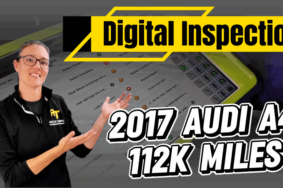 Audi VW Service A woman in a black jacket gestures toward a tablet screen showing a digital inspection report. Text reads: Digital Inspection, 2017 Audi A4, 112K Miles. Bright, bold colors emphasize the inspection theme. Reflex Tuning, Hookett NH