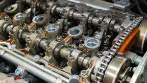Audi VW Service Close-up view of a car engine’s valvetrain, showing camshafts, valve springs, gears, and timing chain with visible metal components and oily surfaces. Reflex Tuning, Hookett NH
