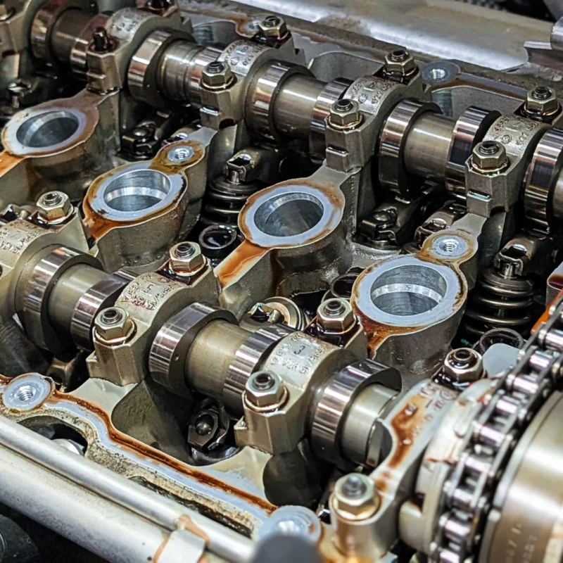 Audi VW Service Close-up view of a car engine’s valvetrain, showing camshafts, valve springs, gears, and timing chain with visible metal components and oily surfaces. Reflex Tuning, Hookett NH
