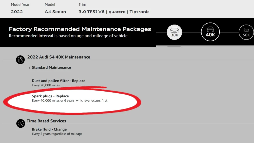 Audi VW Service Screenshot of a maintenance schedule for a 2022 Audi S4, highlighting that spark plugs should be replaced every 40,000 miles or 6 years, whichever occurs first. Reflex Tuning, Hookett NH