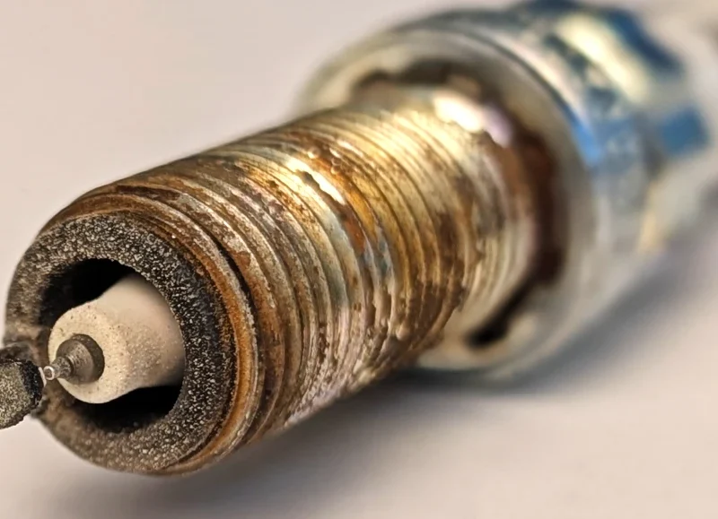 Audi VW Service A close-up of a used and dirty spark plug, showing rust, corrosion, and grime on its metal threads and electrode. Reflex Tuning, Hookett NH