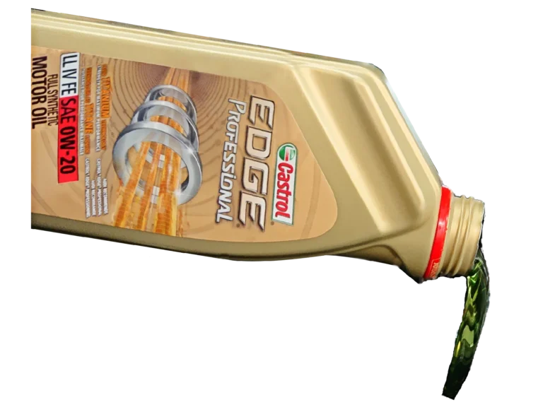 Audi VW Service A gold Castrol EDGE Professional motor oil container is tilted, pouring greenish oil—ideal for Audi VW service repair NH. The label shows “0W-20” with piston graphics, a red cap, and detailed branding. Reflex Tuning, Hookett NH