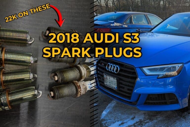 Split view: worn and new spark plugs labeled '22k on these' beside a blue 2018 Audi S3.