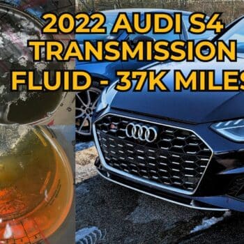Comparison of dark, burnt transmission fluid versus clean new fluid from a 2022 Audi S4 service at Reflex Automotive. The image shows the front of the blue Audi S4 and the fluid condition at 37,000 miles.