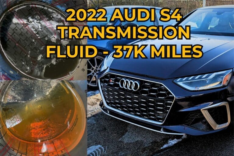 Comparison of dark, burnt transmission fluid versus clean new fluid from a 2022 Audi S4 service at Reflex Automotive. The image shows the front of the blue Audi S4 and the fluid condition at 37,000 miles.