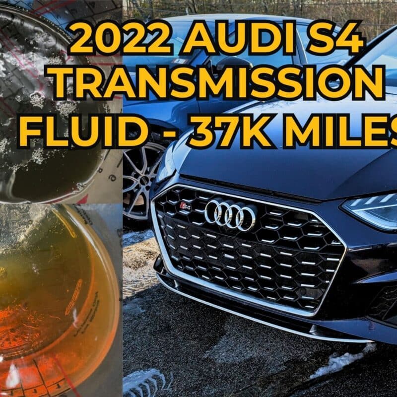 Comparison of dark, burnt transmission fluid versus clean new fluid from a 2022 Audi S4 service at Reflex Automotive. The image shows the front of the blue Audi S4 and the fluid condition at 37,000 miles.