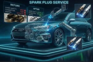 Image of a customers 2018 Audi S3 in for spark plug and ignition coil replacement. Pictures of old vs new spark plugs that have 22k miles on them Audi S3, 2018 Audi, Ignition Service, Spark Plugs, Automotive Maintenance, MQB Platform, Futuristic Workshop, Mechanic, Car Tech