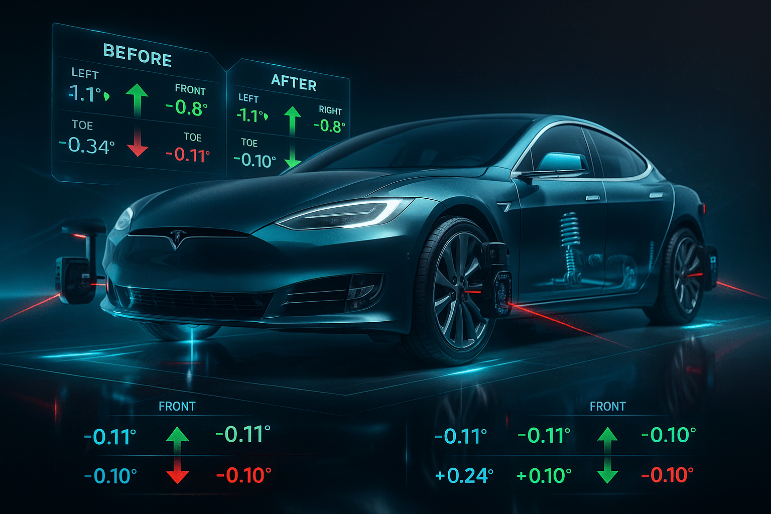 Tesla Model S with wheel alignment sensors and before-and-after camber and toe readings