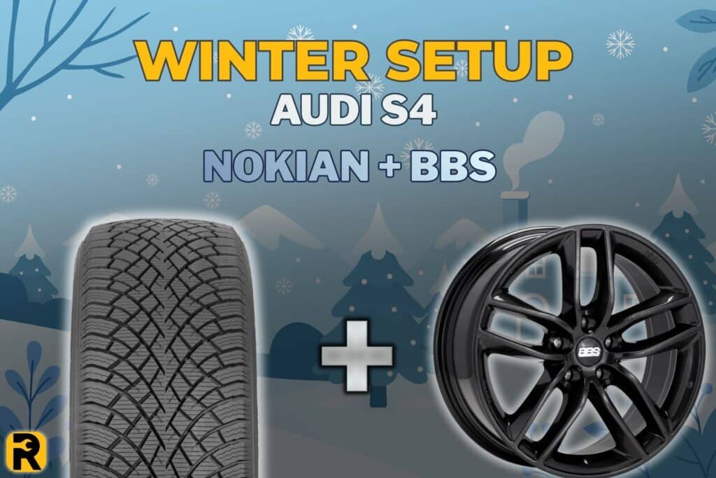 Audi S4 winter setup graphic with Nokian tire tread and black BBS alloy wheel