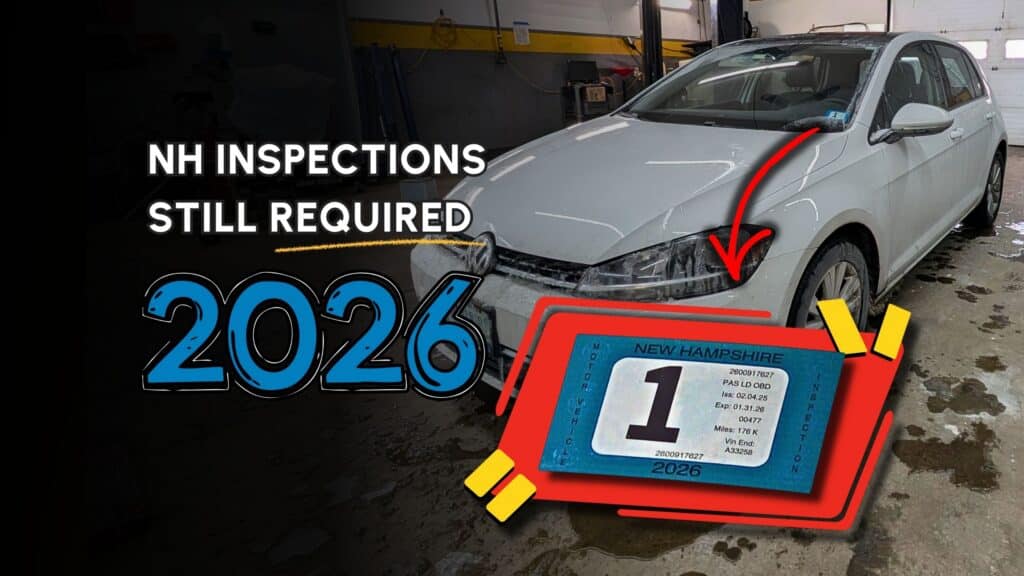 White car in garage with text 'NH inspections still required 2026' and a New Hampshire inspection sticker