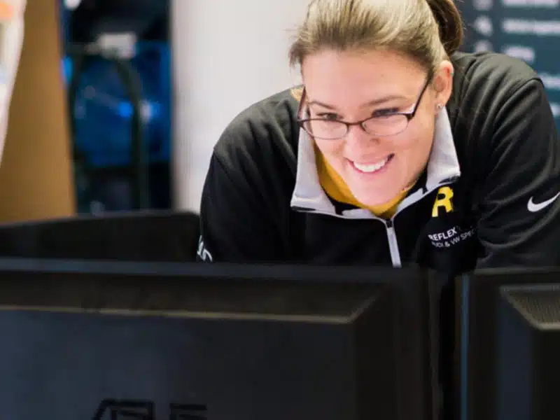 Heather Zaccone, owner of Reflex Automotive, at the service desk